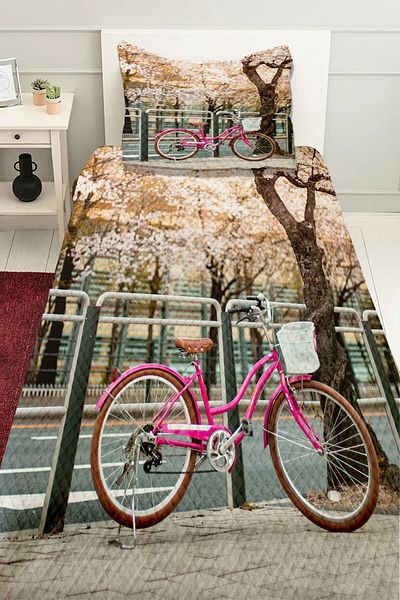 Else Halı Pink Bicycle Pattern - Decorative Bedspread Single Pique Set