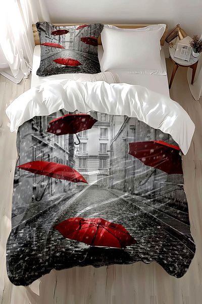 Else Halı Gray and Red Umbrella Patterned - Printed Cotton Satin Children's Bedding Set