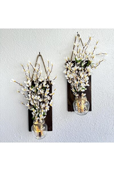 STDEKOR Led Işıklı, Beyaz Sakura Çiçekli Duvar Dekoru Ceviz İkili Set