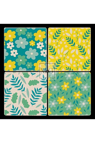 4'lü Uv Baskılı Doğal Taş Bardak Altı 10 Cm X 10 Cm Yeşil Sarı Çiçek Desenli
