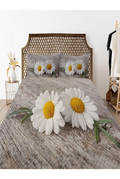 Else Halı Sarı Gri Papatya  Desenli Baskılı Dekoratif Yatak Örtüsü Çift Kişilik Yastıklı Pike Takımı