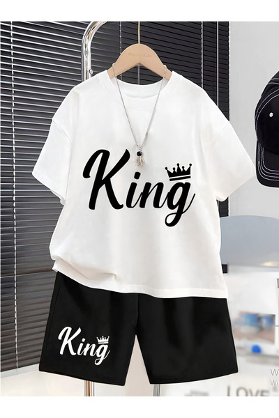 BEETON Tricou alb și pantaloni scurți negri cu imprimeu King pentru copii - V...