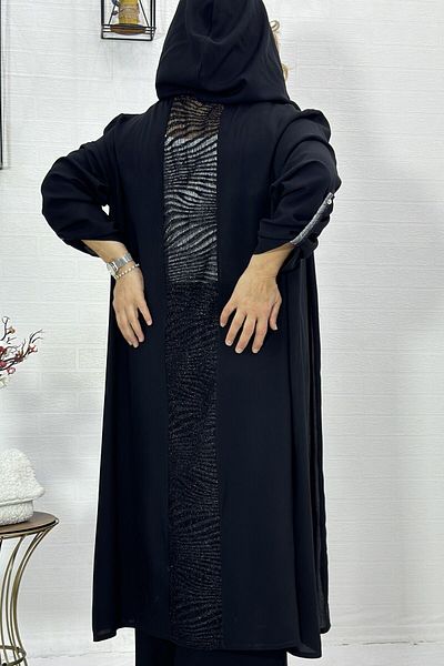 yagmurberen HOODED SIM EMBROIDERED VISCOSE FABRIC WAIST RUBBER PANT BATTAL LARGE SIZE CAP JACKET DOUBLE SET