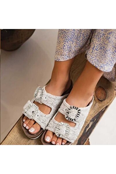 DAD WOLF Papuci cu cataramă din paie cu detalii în piatră