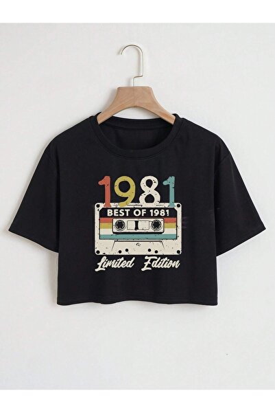 over head oh Crop crop negru pentru femei - 1981 imprimat pe casetă, supradim...