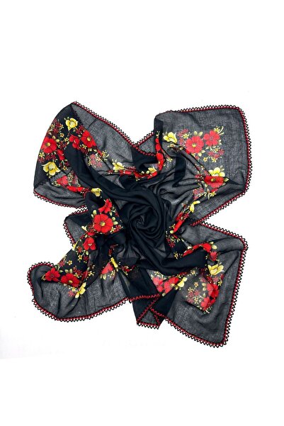 nazipek Pamuklu %100 Pamuklu Siyah Kroşeta Oyalı Eşarp Ortası Boş Makedon Yaz...