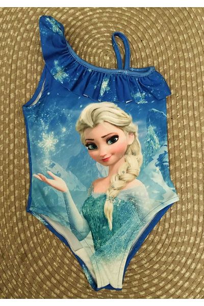YDBKStore Costum de baie pentru fetiță (2-8 ani) Elsa cu imprimeu cu volane, cu o singură mânecă