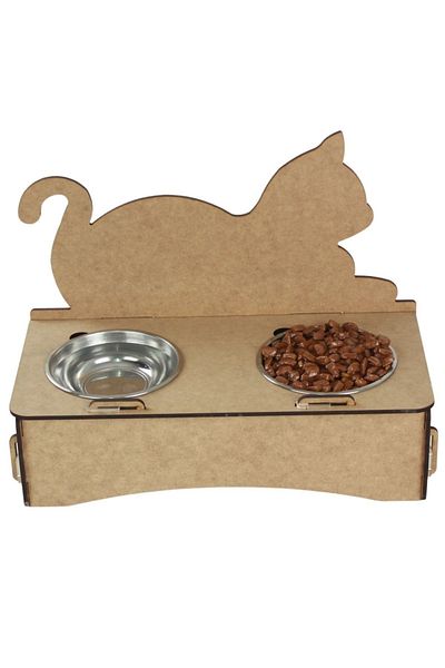 Evene Food Water Bowl Stainless Steel Rhinestone 2-Piece Wooden Cat and Dog Water Bowl Cat Backrest Model