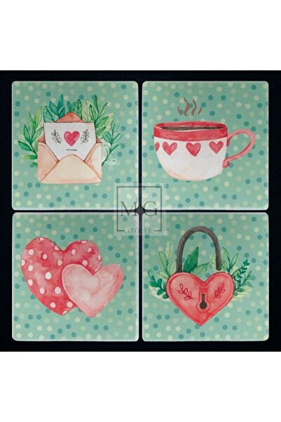 Uv Baskılı Doğal Taş Bardak Altı 10 cm X 10 cm Kalp Desenli 4'lü