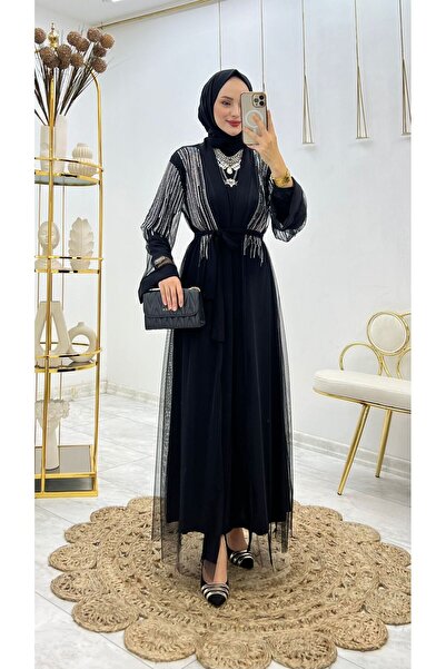 FIRSTESLEM İç Elbise ve Taş Detaylı Tül Abaya Kadın İkili Takım