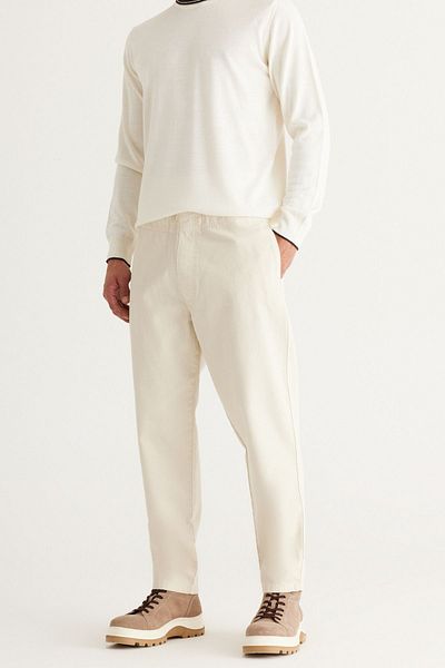 AC&Co / Altınyıldız Classics Men's Ecru Relax Fit Comfortable Cut 100% Cotton Trousers with Tie Waist