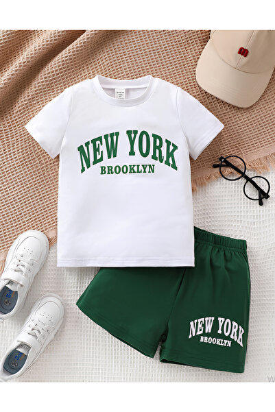 BEETON طقم شورت بروكلين أخضر مطبوع وتي شيرت أبيض للأطفال صيفي - رقبة دائرية