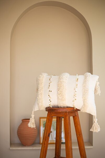 Bohemart وسادة رمي مغربية Kbkapd مصنوعة يدويًا من الكتان بتصميم مملوء