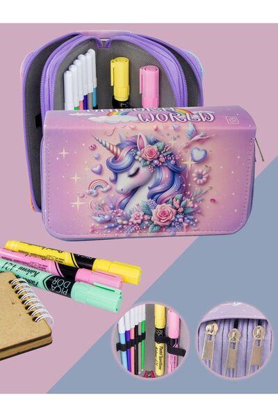 OneSize Kalem Kutusu Unicorn World Lila Orginazer Üç Bölmeli Vegan Deri (Kalemlik)