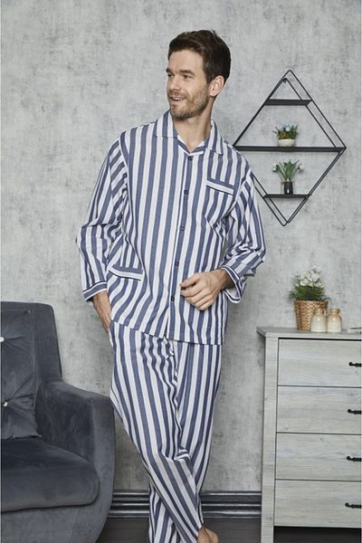 KLY PİJAMA Set de pijamale din popelin cu dungi albastre, cu nasturi în față, 4007