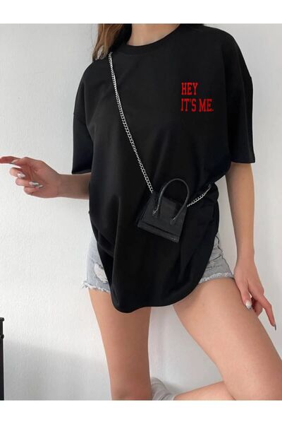 Genel Markalar Unisex Hey IT`S ME Baskılı Oversize Boyfriend T-Shirt