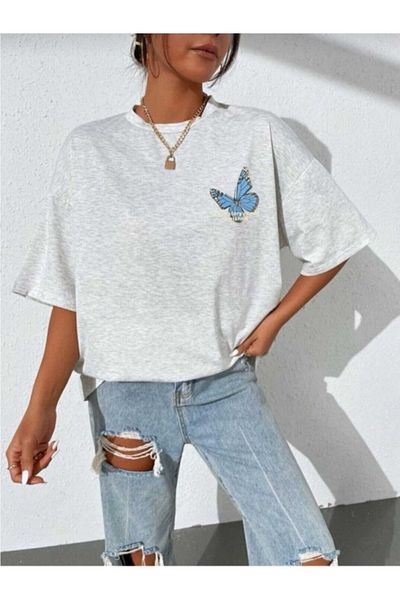 Doğannboss Γυναικείο μπλουζάκι Oversize Grey Butterfly printed