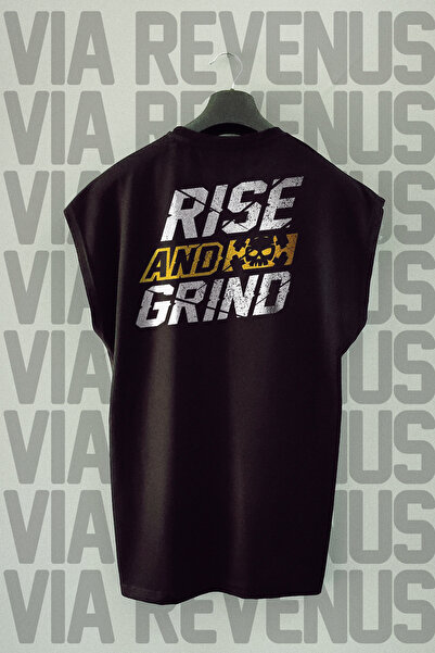 Vordevia Rise And Grind - Tricou sport negru, imprimat pe spate, mâneci zero