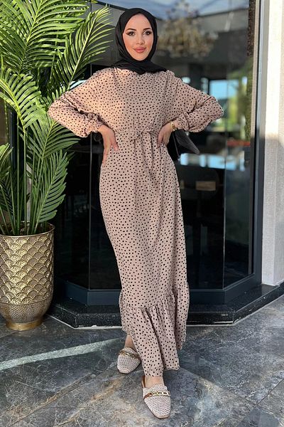 julude Beige Viscose Dress - Ankle Elastic, Belted and Hijab Polka Dot