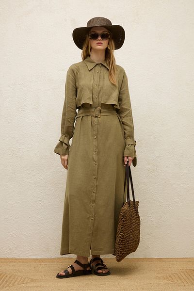 Manuka Khakifarbenes Trench-Kleid aus Leinen