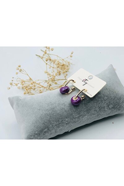 MUSCO Yuvarlak Mor Boncuklu Kadın Gold Küpe