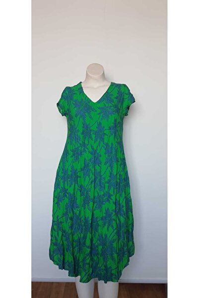 Leylim Picasso Desenli Koyu Yeşil Yazlık Elbise