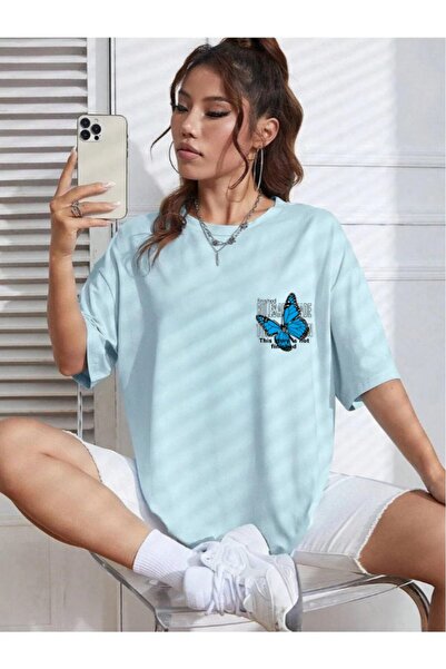 oneagılyazı Γυναικείο μπλουζάκι με στάμπα μπλε πεταλούδα