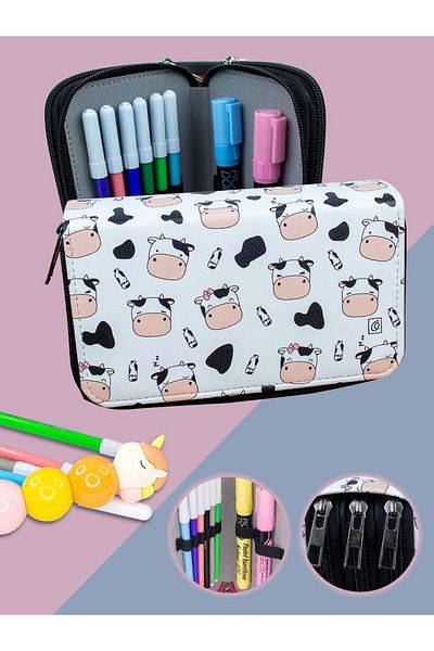 OneSize Pencil Case Cute Cows Kawaii Pattern Orginazer Three Compartments Vegan Leather (Pen Holder)