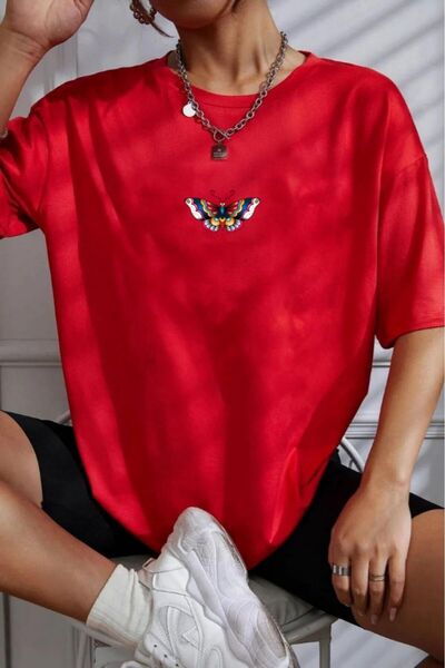 oneagılyazı Tricou Oversize cu Guler Rotund - Imprimat Fluture