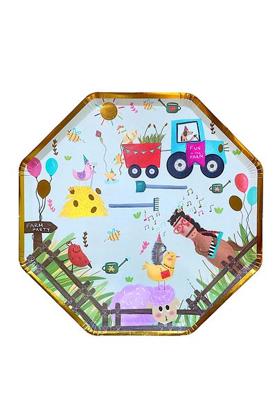 BalinMandalin Farm Patterned Gilded Octagonal Cardboard Plate, 8 Pieces