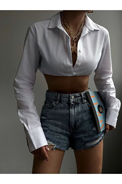Pubblica Kadın Yüksek Bel Lazer Kesim Önü Yırtık Detaylı Kot Şort Jean Denim Şort