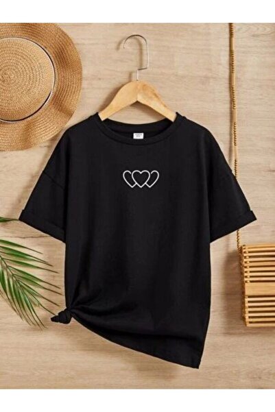 NOFLEN Tricou negru supradimensionat triplu minim cu inimă imprimată cu croia...