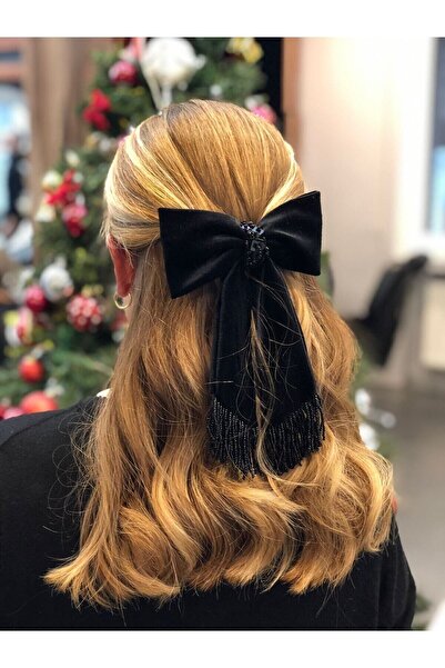 BUGU Bugubow Boncuk Püskül Siyah Kadife Fiyonk Klipsli Toka