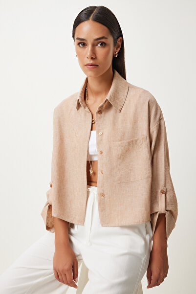 Happiness İstanbul قميص كتان قصير - كريمي داكن، نسائي، FN03224