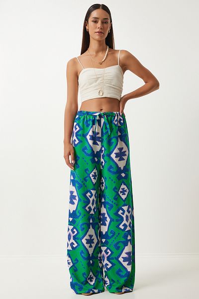 Happiness İstanbul Grün-blau gemusterte Palazzo-Hose aus Leinen für Damen - BH00397