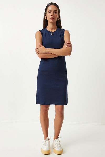 Happiness İstanbul Navy Blue Daily Combed Cotton Women's Dress - OW00046