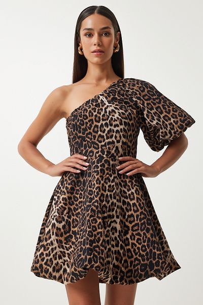Happiness İstanbul Leopard Print Black Beige Balloon Sleeve One Shoulder Dress - UL00034