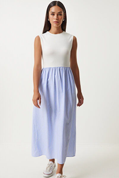 Happiness İstanbul Ecru modré pruhované popelínové šaty - letní pletený top UB00290