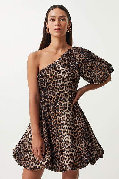 Happiness İstanbul Leopard Print Black Beige Balloon Sleeve One Shoulder Dress - UL00034
