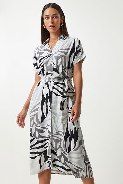 Happiness İstanbul Viscose Shirt Dress - Grey, Black Print and Belted DD01331