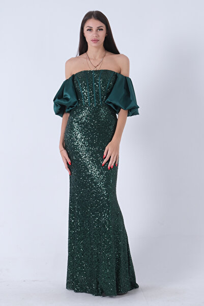 Feminist Pul Payetli Balon Kol Abiye Zümrüt 9705296