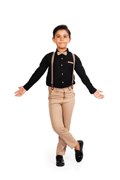 FMN Erkek Çocuk Oxford Siyah Gömlekli Papyonlu Bej Pantolonu Takım