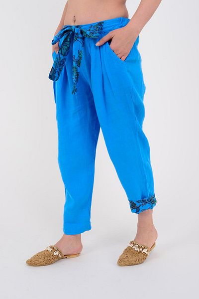 Park Moda 7651 BELT DETAIL CARROT LINEN PANT
