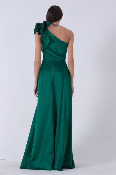 Feminist Emerald Satin Evening Dress - Shoulder Bow1302192