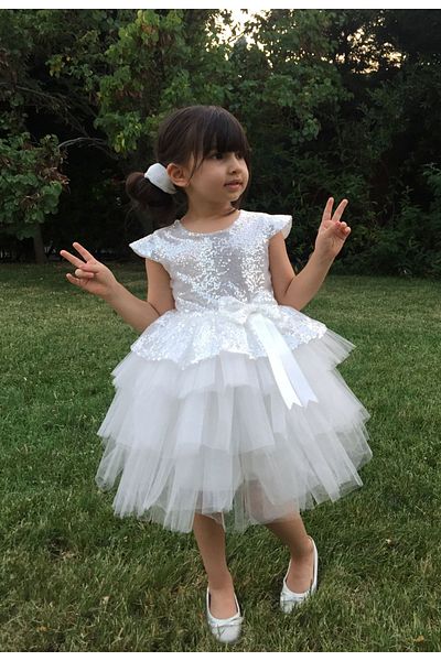 Delfini kids Girl's White Sequin Birthday Evening Dress Tulle Dress