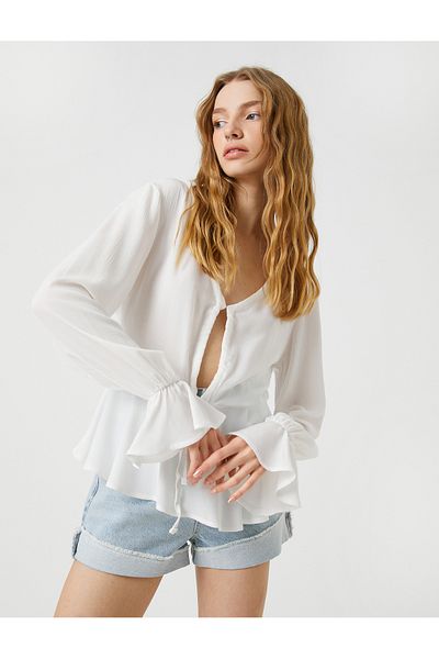 Koton Long Sleeve Blouse with Window Detail Viscose Ruffle Tie-Up
