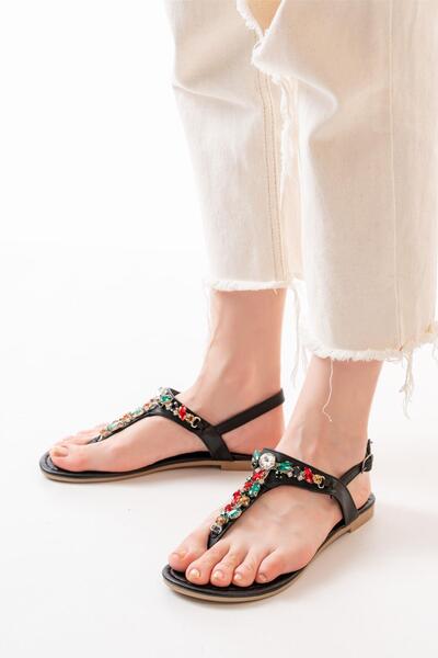 Aymood Stylish and Comfortable Black Women's Sandals with Stone Detail - Finger Aras