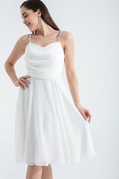 Lafaba Weißes Midi-Abendkleid für Damen mit Steinriemen