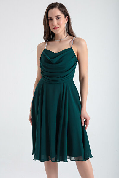 Lafaba Women's Emerald Green Stone Strap Midi Evening Dress