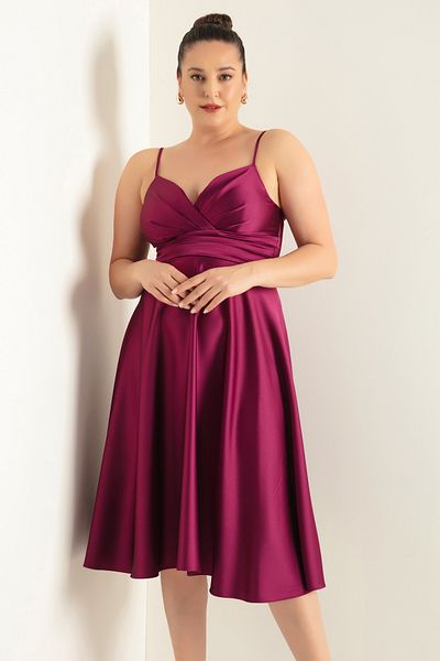 Lafaba Women's Plum Rope Strap Waist Belted Satin Midi Plus Size Evening Dress